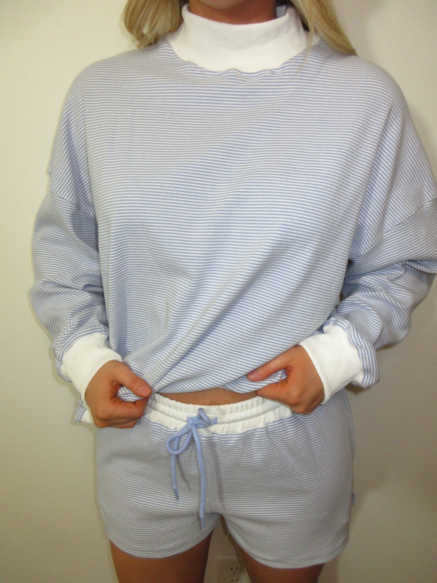 Everyday Striped Mock Neck Set- Blue