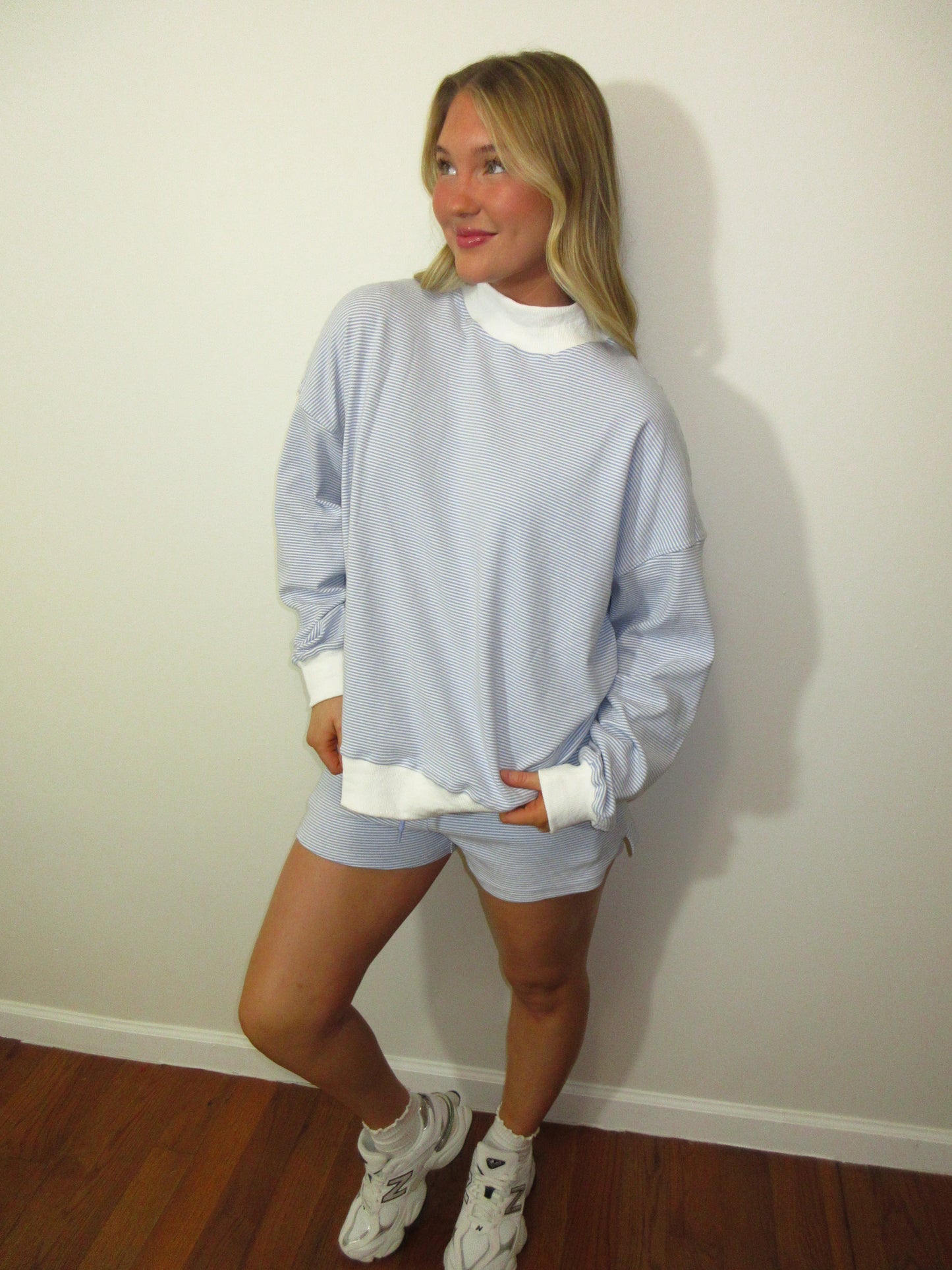 Everyday Striped Mock Neck Set- Blue