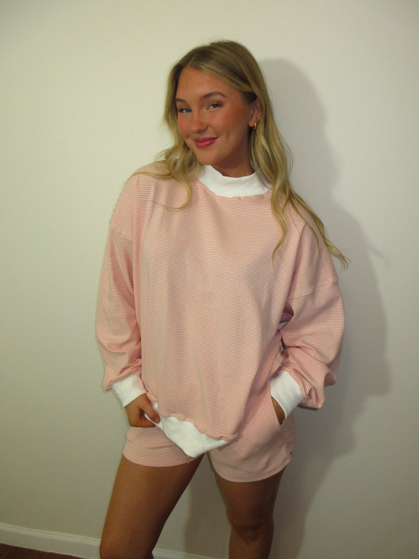 Everyday Striped Mock Neck Set- Pink