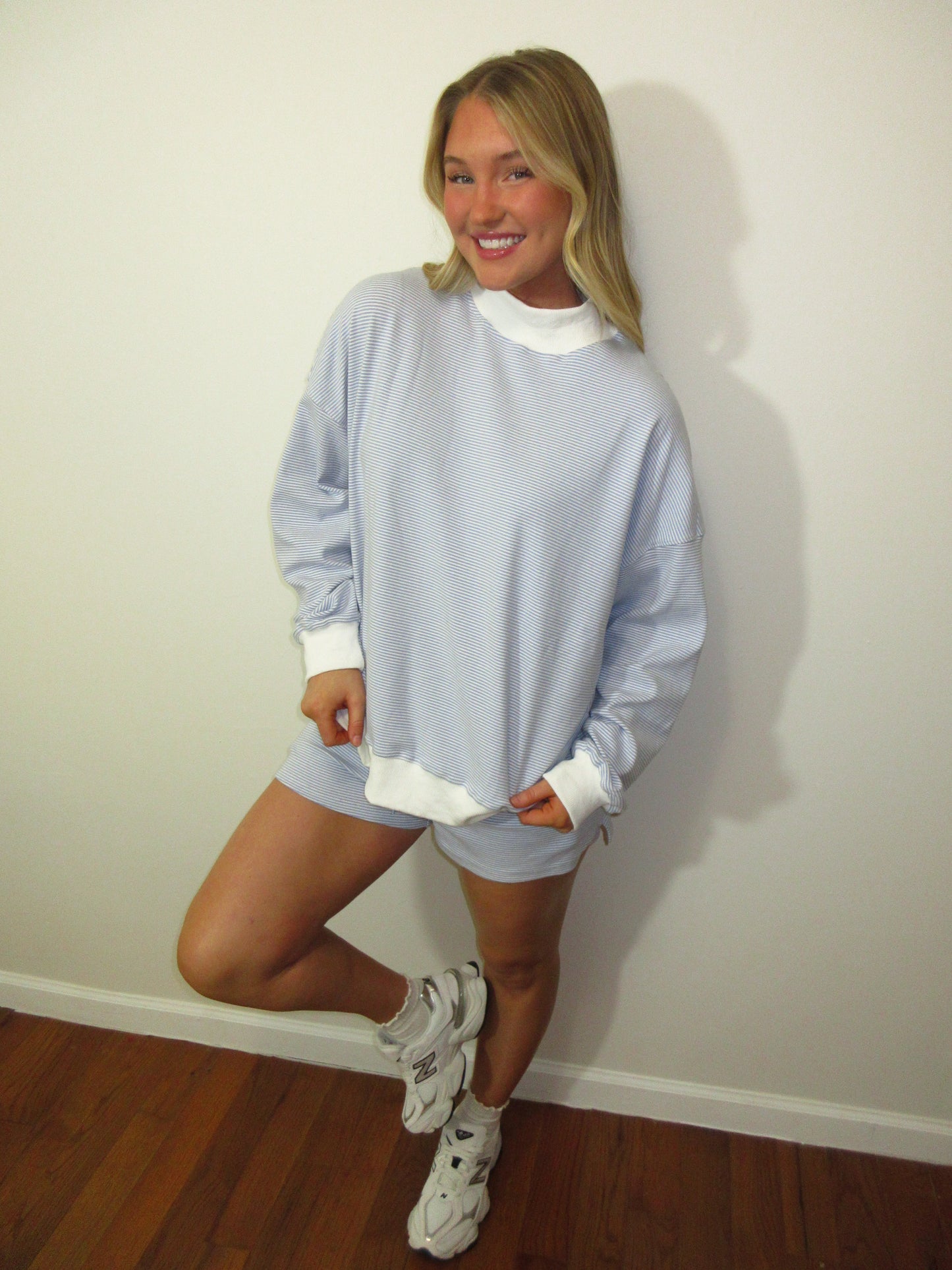 Everyday Striped Mock Neck Set- Blue